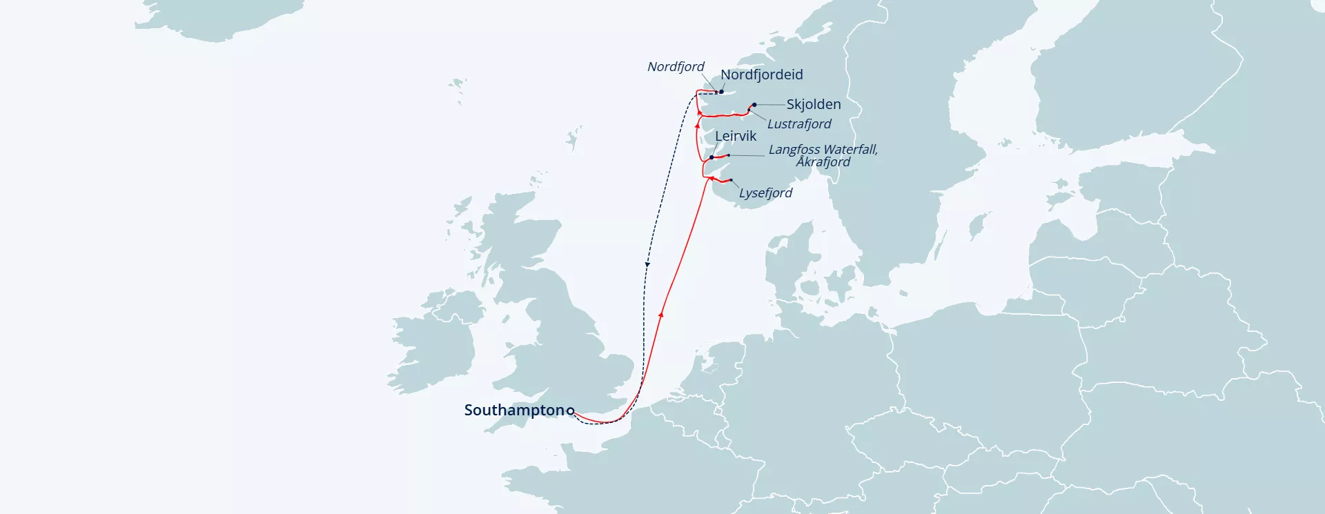 Itinerary map for Fjords Mountains & Waterfalls of Norway